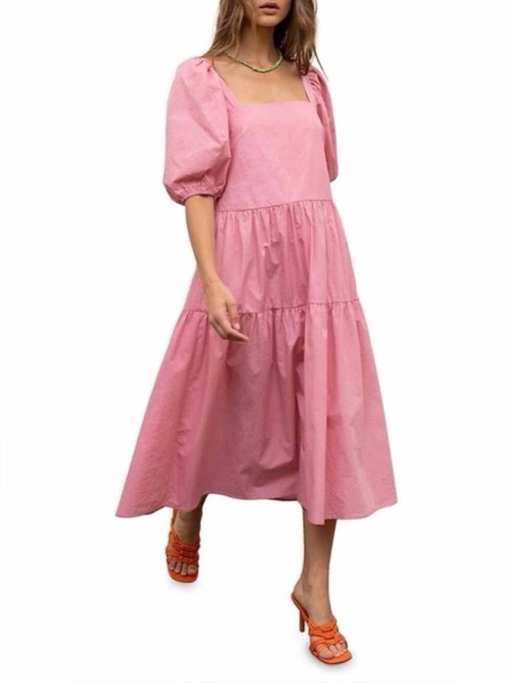Moon River Pink Puff-Sleeve Tiered Midi Dress